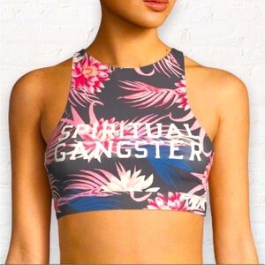 Spiritual Gangster Tropical Varsity High Neck Racer Back Logo Sports Bra Small
